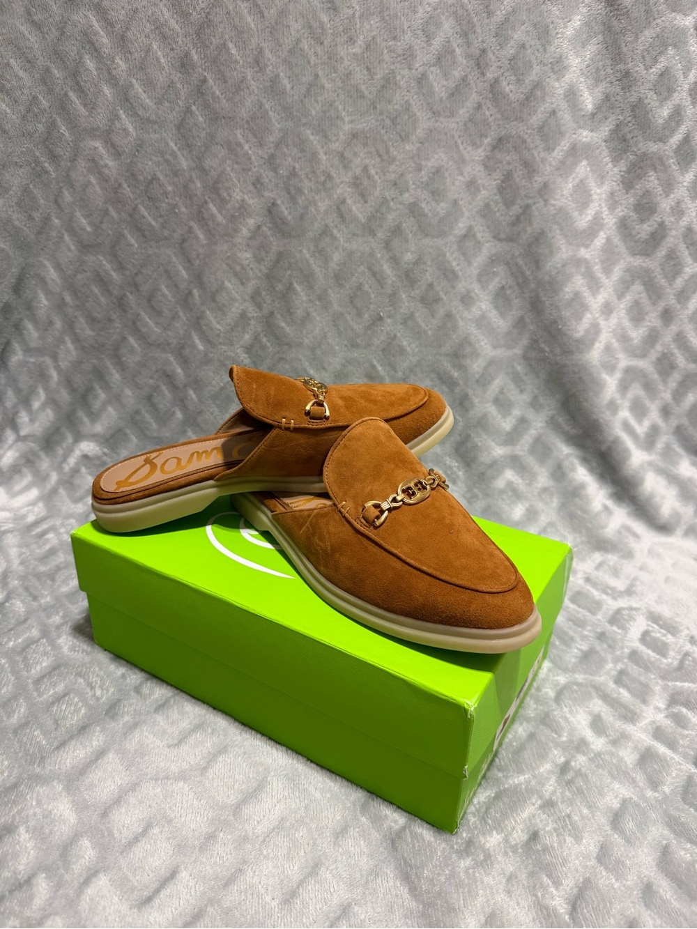 Sam Edelman Tan Suede Slip-On Mules with Gold Chain Accent
